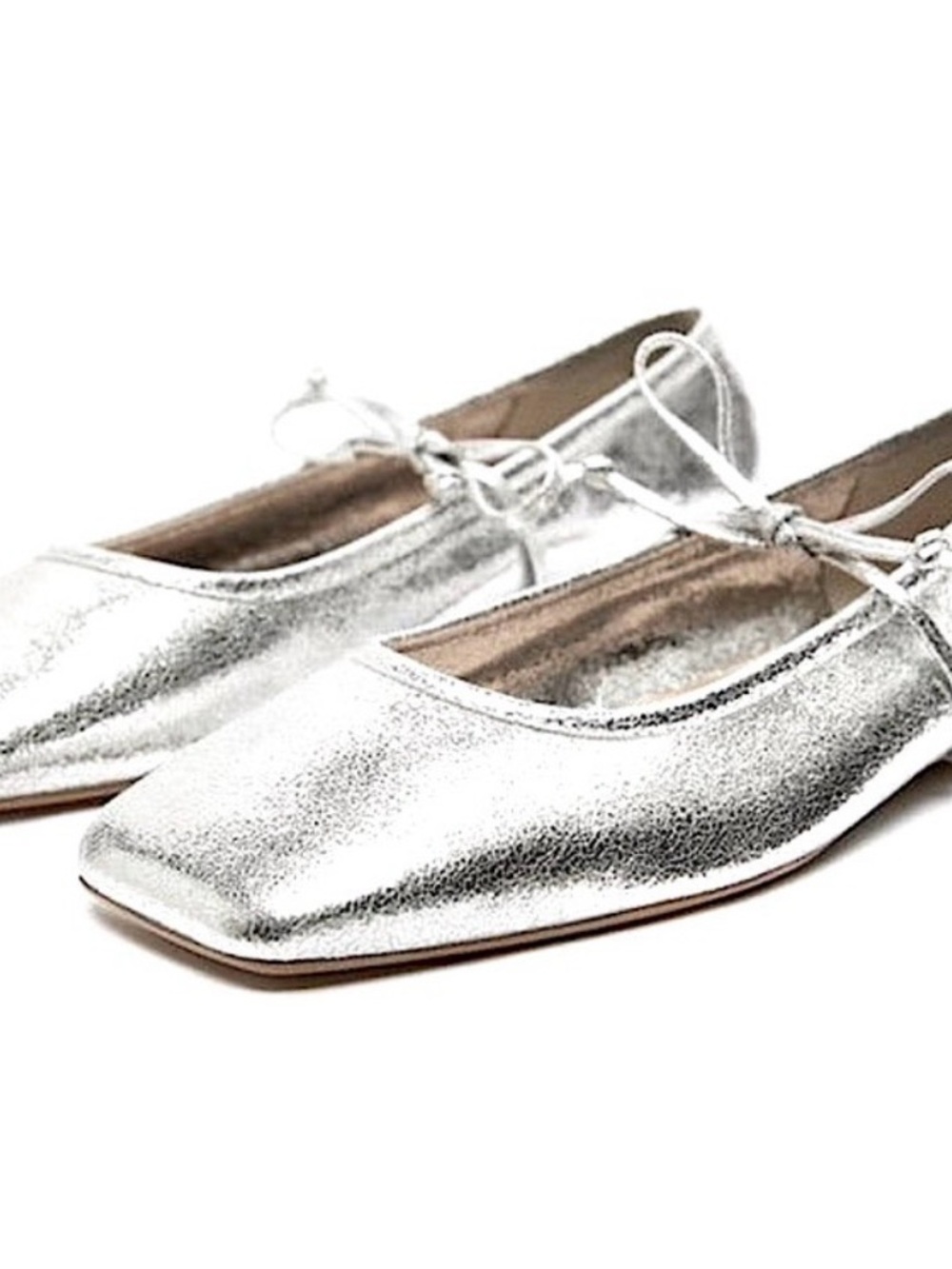 Zara Metallic Silver Ballet Flats with Bow Trim - Picture 2 of 2